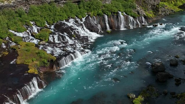 Aerial view of Hraunfossar waterfall in western Iceland, Europe