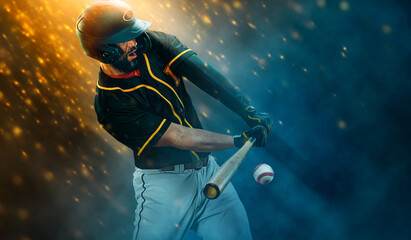 Fototapeta na wymiar Baseball player with bat taking a swing on grand arena. Ballplayer on dark background in action.