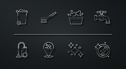 Set line Trash can, Vacuum cleaner, Water tap, Home cleaning service, Brush for, Washing dishes and Basin with soap suds icon. Vector