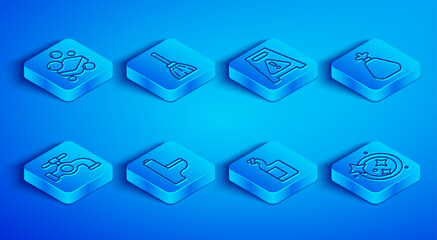 Set line Bar of soap, Handle broom, Wet floor, Toilet bowl, Dishwashing liquid bottle, Garbage bag, Water tap and Washing dishes icon. Vector