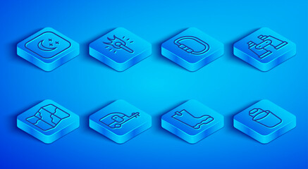 Set line Moon and stars, Torch flame, Carabiner, Rv Camping trailer, Waterproof rubber boot, Binoculars, hiking map and Bucket icon. Vector © Kostiantyn