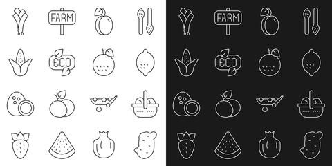 Set line Potato, Basket and food, Lemon, Plum fruit, Leaf Eco symbol, Corn, Leek and Orange icon. Vector