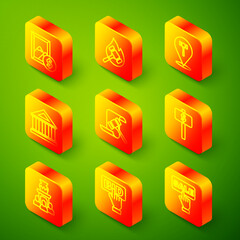 Set line Auction painting, hammer, Museum building, Hand holding auction paddle, ancient vase and Bid icon. Vector