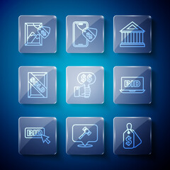 Set line Bid, Auction hammer, Price tag with Sale, Museum building, Hand holding auction paddle, painting sold, and Online icon. Vector