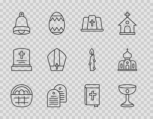 Set line Basket with easter eggs, Christian chalice, Pope hat, Holy bible book, Church bell, and building icon. Vector