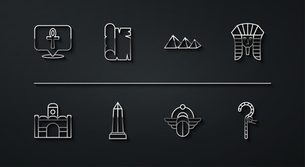 Set line Cross ankh, Egyptian house, pharaoh, Scarab, Obelisk of Alexandria, Papyrus scroll, Crook and pyramids icon. Vector