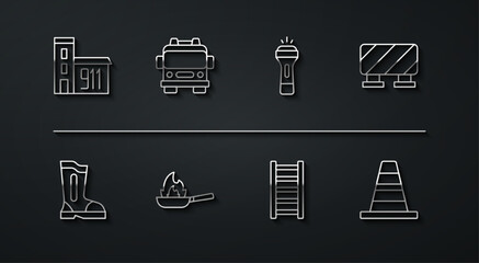 Set line Building of fire station, Fire boots, Road barrier, escape, Pan with, truck, Traffic cone and Flashlight icon. Vector