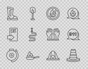 Fototapeta premium Set line Ringing alarm bell, Traffic cone, No fire, Pan with, Fire boots, hose reel, Firefighter helmet and Emergency call 911 icon. Vector