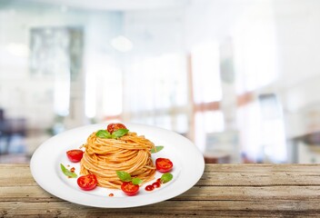 Tasty fresh noodles dish on the desk