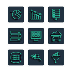 Set line Binary code, Search data analysis, Sales funnel with chart, Server, Pie infographic and Coal mine trolley icon. Vector