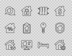 Set line House with check mark, under protection, Heating radiator, Online real estate house, Real message, contract, Bed and icon. Vector