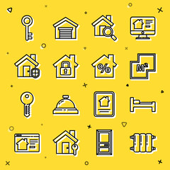 Set line Heating radiator, Bed, House plan, Search house, under protection, key and with percant discount icon. Vector