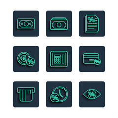 Set line Credit card, Clock and percent, Eye with, Finance document, Safe, Money coin, Stacks paper money cash and Discount icon. Vector