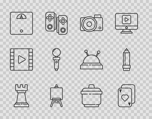 Set line Business strategy, Playing cards, Photo camera, Easel or painting art boards, Bathroom scales, Joystick for arcade machine, Cooking pot and Pencil with eraser icon. Vector