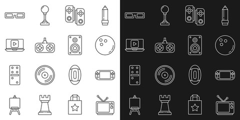Set line Retro tv, Portable video game console, Bowling ball, Gamepad, Online play, Cinema glasses and Stereo speaker icon. Vector