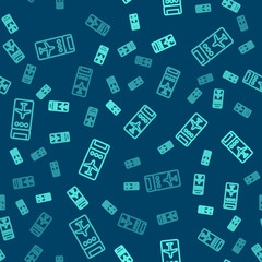 Green line Airline ticket icon isolated seamless pattern on blue background. Plane ticket. Vector