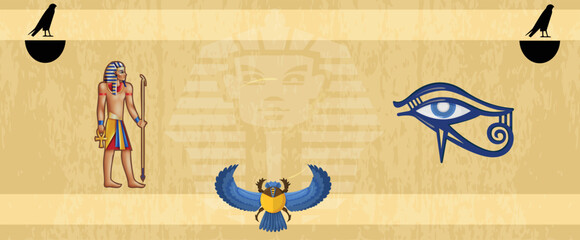 illustration of ancient egyptian signs and symbols with golden,blue colors, with textured background.