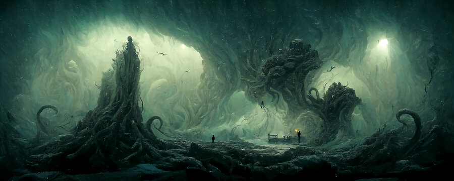 Lovecraft inspired scene. Dark and creepy cave with tentacle monsters attacking human figure. Digital painting illustration.