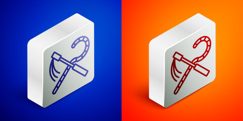 Isometric line Crook and flail icon isolated on blue and orange background. Ancient Egypt symbol. Scepters of egypt. Silver square button. Vector