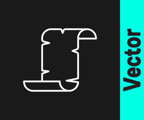 White line Ancient papyrus scroll icon isolated on black background. Parchment paper. Ancient Egypt symbol. Vector