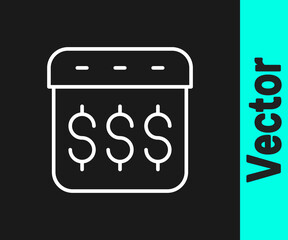 White line Payday, calendar with dollar icon isolated on black background. Vector