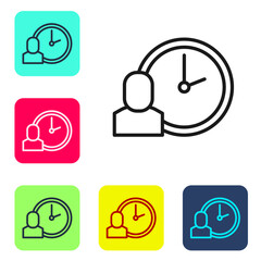 Black line Work time icon isolated on white background. Office worker. Working hours. Business briefcase. Set icons in color square buttons. Vector