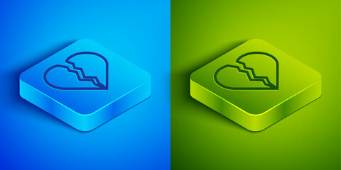 Isometric line Broken heart or divorce icon isolated on blue and green background. Love symbol. Happy Valentines day. Square button. Vector