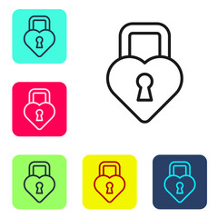 Black line Castle in the shape of a heart icon isolated on white background. Locked Heart. Love symbol and keyhole sign. Happy Valentines day. Set icons in color square buttons. Vector