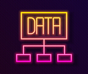 Glowing neon line Data analysis icon isolated on black background. Business data analysis process, statistics. Charts and diagrams. Vector