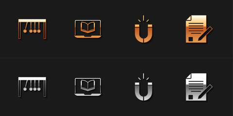 Set Pendulum, Online class, Magnet and Exam sheet and pencil icon. Vector