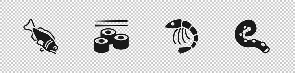 Set Fish, Sushi, Shrimp and Octopus of tentacle icon. Vector