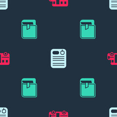 Set School Bus, Dossier folder and Book on seamless pattern. Vector