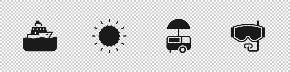 Set Cruise ship, Sun, Fast street food cart and Diving mask icon. Vector