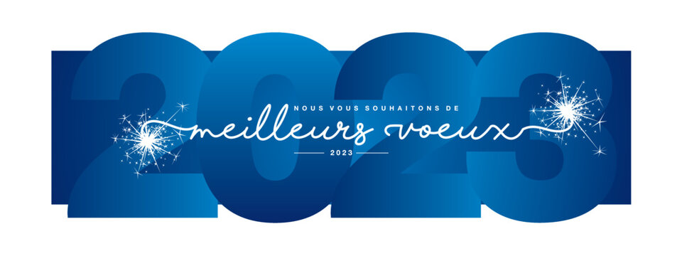 We wish you Happy New Year 2023 french language, modern design, new updated handwritten lettering with white blue 2023 year background and sparkle firework