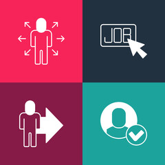 Set pop art Worker, Leader of a team of executives, Search job and Multitasking manager working icon. Vector