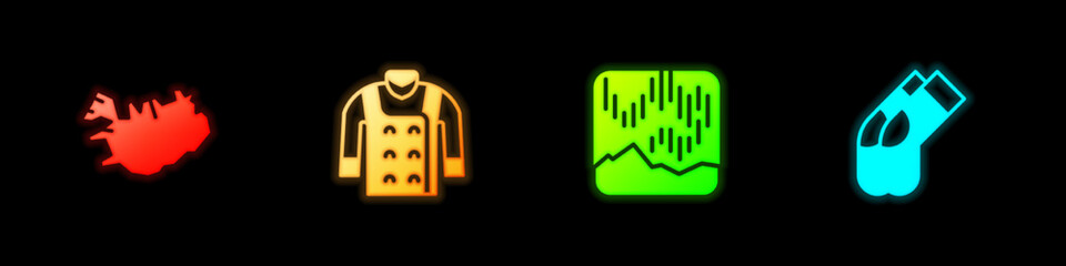 Set Map of Iceland, Sweater, Northern lights and Socks icon. Vector