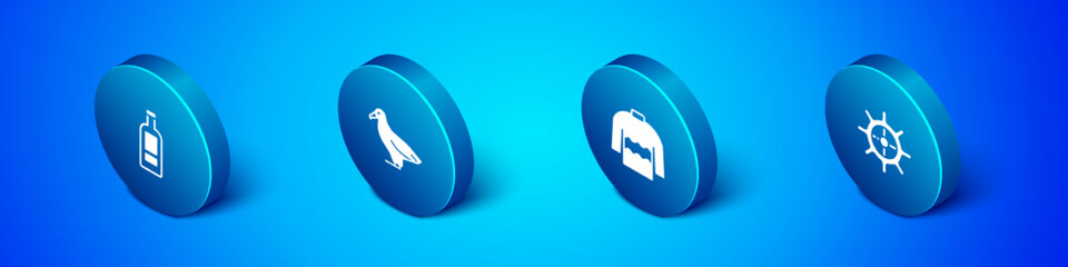 Set Isometric Bottle of vodka, Sweater, Ship steering wheel and Albatross icon. Vector