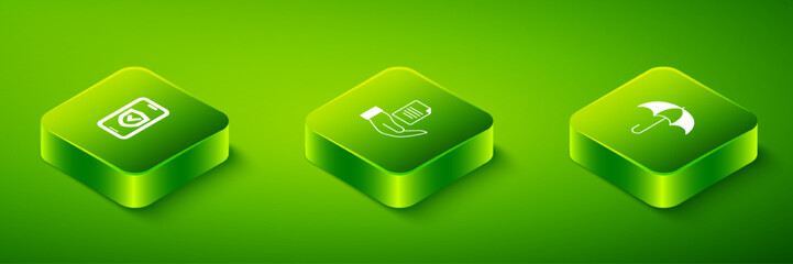 Set Isometric Contract in hand, Umbrella and Insurance online icon. Vector