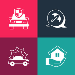 Set pop art House in hand, Car accident, Umbrella and insurance icon. Vector