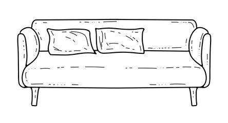 Hand-drawn soft sofa with pillows on four legs in doodle style. An element of the interior. 
