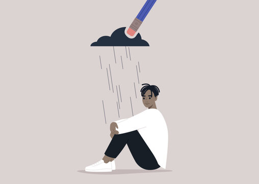 A young upset male African character hugging their knees, a pencil eraser erasing a black rain cloud hovering above them, the process of recovering after a great loss