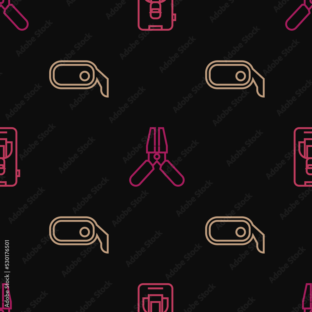 Poster Set line Online car services, Car rearview mirror and battery jumper power cable on seamless pattern. Vector