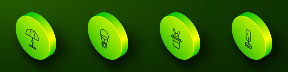 Set Isometric line Sun protective umbrella, Hot air balloon, Magician hat and rabbit and Tree icon. Vector