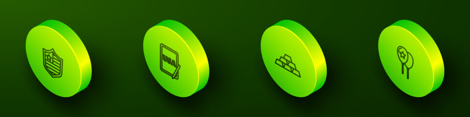 Set Isometric line Shield with stars, USA on graphic tablet, Gold bars and Balloons icon. Vector