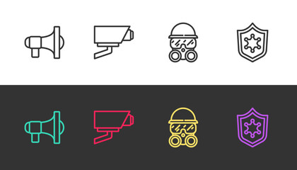 Set line Megaphone, Security camera, Gas mask and Police badge on black and white. Vector