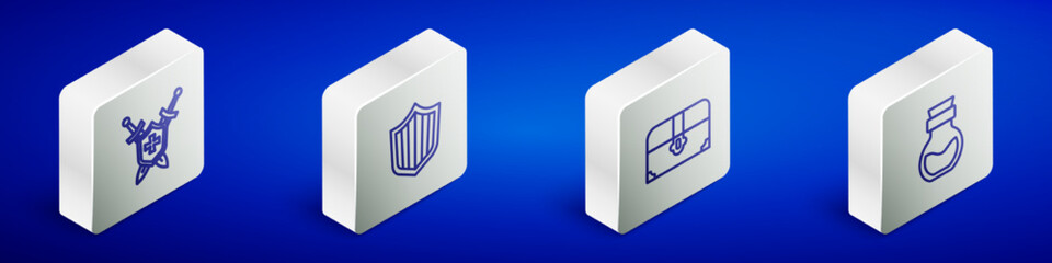 Set Isometric line Medieval shield with swords, Shield, Antique treasure chest and Poison in bottle icon. Vector
