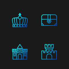 Set line Castle, fortress, , King crown and Antique treasure chest. Gradient color icons. Vector