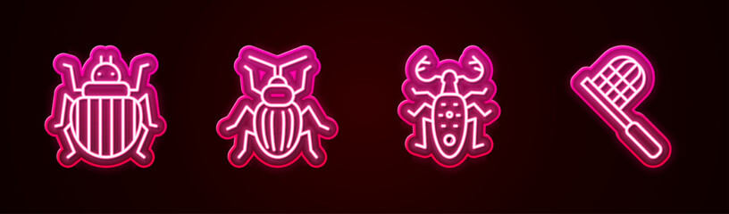 Set line Colorado beetle, Chafer, Beetle deer and Butterfly net. Glowing neon icon. Vector