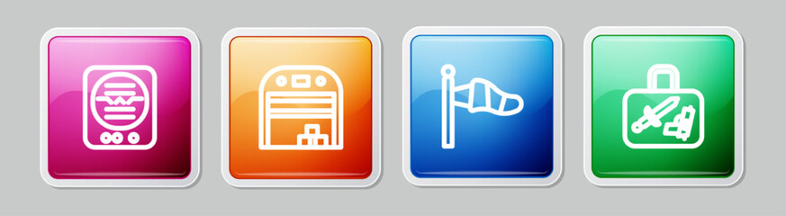Set line Attitude indicator, Aircraft hangar, Cone meteorology windsock and Suitcase. Colorful square button. Vector
