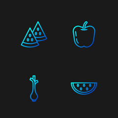 Set line Watermelon, Fresh green onions, and Apple. Gradient color icons. Vector